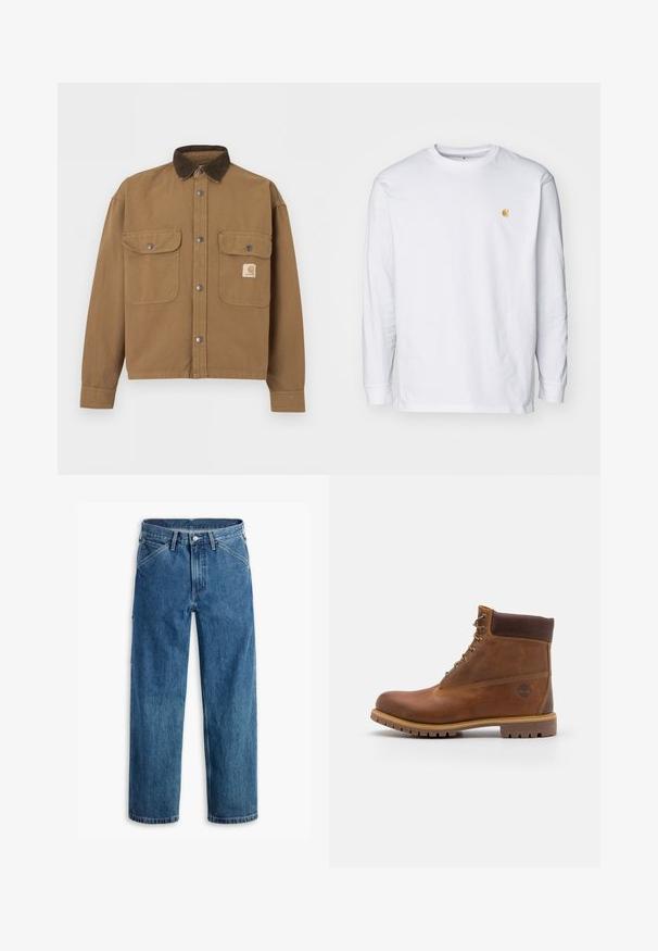 Brun arbejdsjakke med mørkebrunt fløjlskrave, metal trykknapper, to forlommer med klap og Carhartt-logo på venstre lomme.; Hvid langærmet t-shirt lavet af bomuld. Har et lille gyldent logo på brystet og en rund halsudskæring. Enkel design og standard pasform.; Blå denim jeans med lige ben, forlommer, bæltestropper, metal knap og lynlås foran på hvid baggrund.; Brun læder vandrestøvle med en glat finish, polstret ankel, metalliske snørehuller og en gummisål med et robust dækmønster.