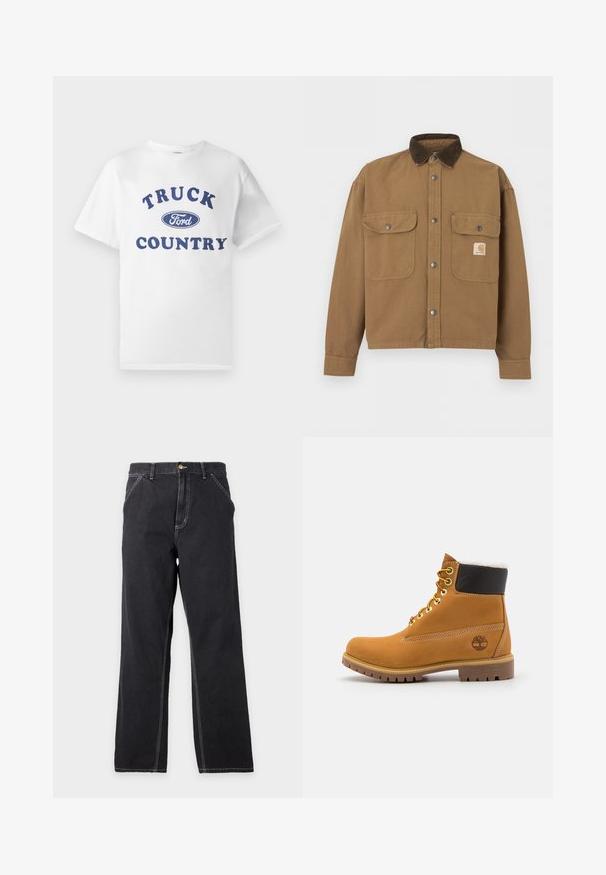 Braune Arbeitsjacke mit dunkelbraunem Cordkragen, Metall-Druckknöpfen, zwei vorderen Pattentaschen und Carhartt-Logo auf der linken Tasche.; Weißes Baumwoll-T-Shirt mit blau bedrucktem Text "TRUCK COUNTRY" und einem blauen ovalen "Ford"-Logo in der Mitte. Kurze Ärmel und Rundhalsausschnitt.; Schwarze Jeans mit geradem Bein, Vordertaschen, Gürtelschlaufen und sichtbaren weißen Nähten auf einfachem hellgrauem Hintergrund.; Braune Leder-Ankle-Boots mit Metallösen, weißem Kunstfellfutter, schwarzem gepolstertem Kragen, robustem Sohlenprofil und geprägtem Logo an der Seite.