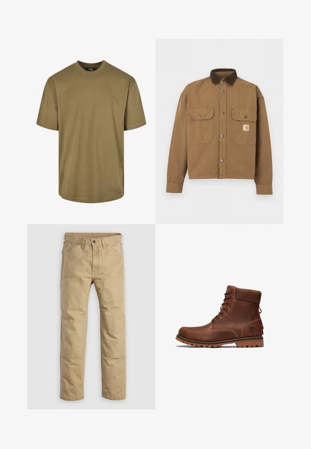 Chaqueta de trabajo marrón con cuello de pana marrón oscuro, botones de presión metálicos, dos bolsillos frontales con solapa y logotipo de Carhartt en el bolsillo izquierdo.; Camiseta de color verde oliva, de mangas cortas, con cuello redondo, fabricada en material de algodón, presenta un diseño liso sin patrones ni acentos.; Pantalones de trabajo caqui confeccionados en algodón resistente, con diseño de pierna recta, paneles reforzados en las rodillas y múltiples bolsillos delanteros.; Botín de cuero marrón hasta el tobillo con diseño de cordones, cuello acolchado, costuras en contraste y suela de goma con un patrón de textura.