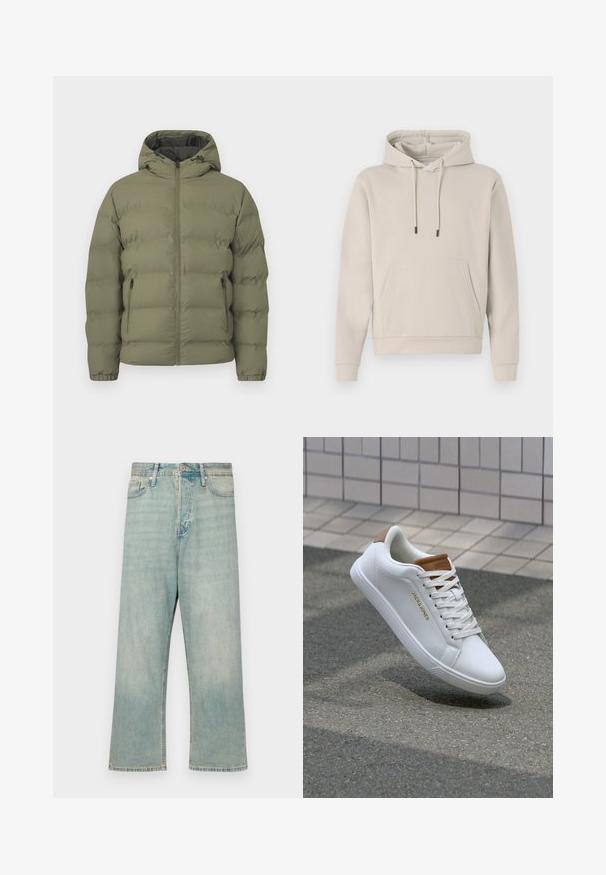 Olivgrüne Steppjacke mit Kapuze, durchgehendem Frontreißverschluss und seitlichen Reißverschlusstaschen, gezeigt vor einem einfarbigen hellen Hintergrund.; Kapuzensweatshirt in hellbeige, mit einer Fronttasche, Kordelzügen und gerippten Bündchen. Aus weichem, glattem Stoff gefertigt mit einer lockeren Passform.; Helle blaue Denim-Jeans mit lockerer Passform, geraden Beinen und verblasstem Finish; mit klassischem Knopf- und Reißverschluss.; Weiße Ledersneaker mit glatter Textur, tanfarbener Akzent an der Ferse, goldenes Logo an der Seite und Gummisohle mit strukturiertem Griff.