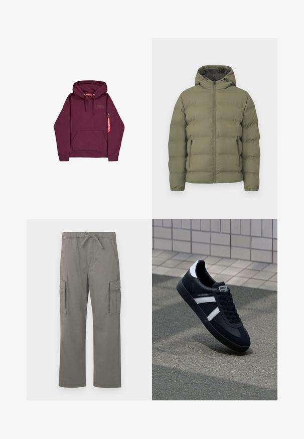 Olivgrüne Steppjacke mit Kapuze, durchgehendem Frontreißverschluss und seitlichen Reißverschlusstaschen, gezeigt vor einem einfarbigen hellen Hintergrund.; Dunkelrotes Kapuzensweatshirt mit Fronttasche, Kordelzug in der Kapuze und kleinem Reißverschlussfach am linken Ärmel mit rotem Etikett.; Graue gerade Cargo-Hosen mit elastischem Bund, Kordelzug, seitlichen Klappentaschen und vorderen Schrägtaschen auf einem weißen Hintergrund.; Schwarze Leder-Sneaker mit weißen Streifen, strukturiertem Gummisohle und Schnürung. Verfügt über ein Markenetikett auf der Zunge.
