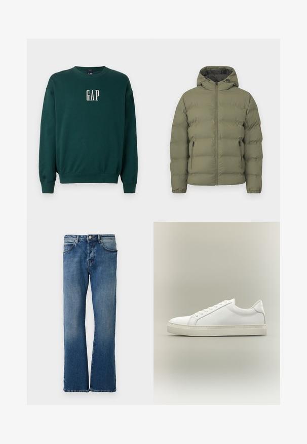 Olivgroene donsjack met capuchon, volledige ritssluiting aan de voorkant en ritssluiting op de zijzakken, getoond tegen een effen lichte achtergrond.; Groene sweatshirt met lange mouwen, voorzien van geribbelde manchetten en tailleband, met een witte geborduurde "GAP"-logo op de borst. Zachte stofstructuur.; Lichtblauwe denim jeans met een rechte pijpontwerp, voorzien van vijf zakken, een knoopsluiting en subtiele vervagingen op de stof.; Witte lage sneaker met veters aan de voorkant en dikke zool, zijaanzicht tegen een neutrale achtergrond.