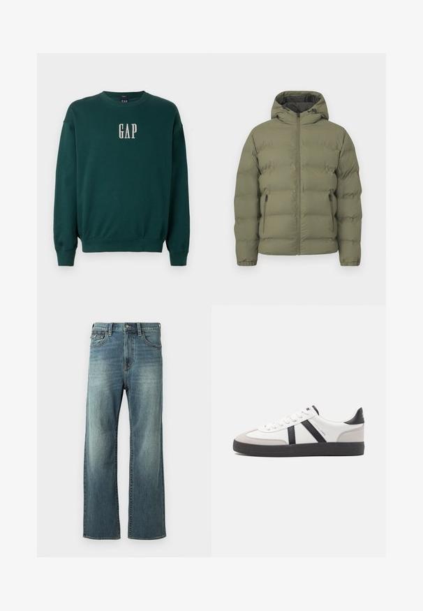 Olivengrøn dunjakke med hætte, fuld lynlås foran og lynlåslommer i siden, vist mod en ensfarvet lys baggrund.; Grøn langærmet sweatshirt med ribbede manchetter og talje, med hvidt broderet "GAP" logo på brystet. Blødt stof.; Lysblå denim jeans med lige ben, let falmet, fem lommer og bæltestropper. Har stikninger som accent og knaplukning.; Hvide sneakers med sorte og grå detaljer, med en tekstureret grå tåhætte, sort gummisål og flade hvide snørebånd. Rent design, minimalistisk stil.