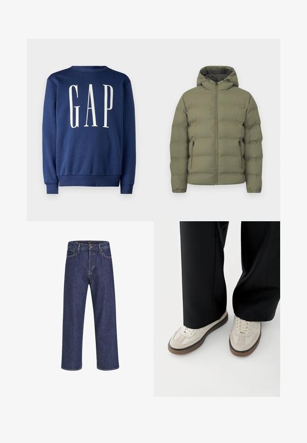 Olivgroene donsjack met capuchon, volledige ritssluiting aan de voorkant en ritssluiting op de zijzakken, getoond tegen een effen lichte achtergrond.; GAP Sweater - blue shade; Donkerblauwe spijkerbroek met een rechte snit, vijf zakken, een metalen knoopsluiting en contrasterende stiksels, met een subtiele textuur.; Voeten met beige sneakers met bruine zolen en zwarte wijde broekspijpen op een witte achtergrond.