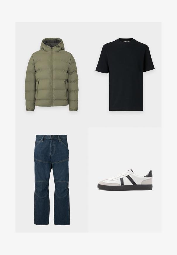 Chaqueta acolchada verde oliva con capucha, cremallera completa en la parte delantera y bolsillos laterales con cremallera, mostrada sobre un fondo claro y liso.; Camiseta negra de manga corta con tejido de canalé, cuello redondo y una pequeña etiqueta visible en el interior del cuello.; Jeans de mezclilla azul oscuro con paneles de rodilla reforzados, cierre delantero de botón y cremallera, y bolsillos frontales sobre un fondo liso.; Zapatilla blanca con acentos en negro y gris, que presenta una puntera texturizada en gris, suela de goma negra y cordones planos blancos. Diseño limpio, estilo minimalista.