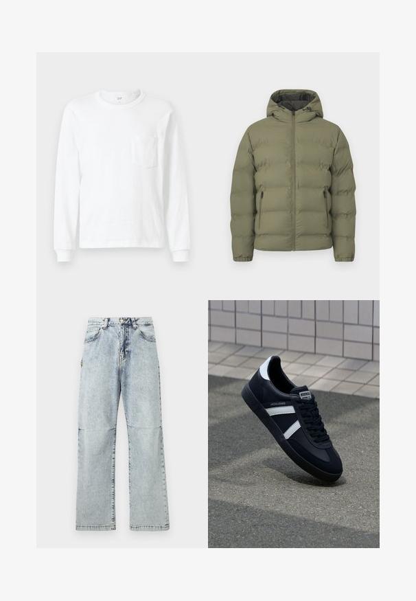 Doudoune vert olive avec capuche, fermeture éclair intégrale à l'avant et poches latérales zippées, présentée sur un fond clair uni.; T-shirt blanc à manches longues en coton. Présente un col rond et une petite poche sur la poitrine. Texture douce avec des poignets côtelés.; Pantalon en denim bleu clair avec une coupe décontractée, texture délavée, cinq poches et une fermeture à bouton à la taille. Coutures plates et jambes larges.; Sneaker en cuir noir avec des rayures blanches, semelle en caoutchouc texturée et devant à lacets. Présente une étiquette de marque sur la languette.