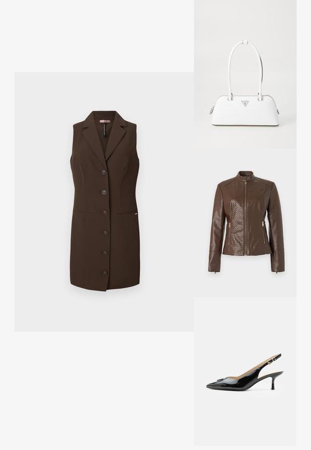 Braune Jacke aus Kunstleder mit einem diamantquilteten Muster an Schultern und Seiten, ausgestattet mit einem Reißverschluss vorne und Reißverschlusstaschen.; Brauner ärmelloser Weste mit tailliertem Schnitt, Reverskragen und sechs Knopfverschlüssen. Verfügt über zwei Fronttaschen und eine glatte Textur.; Schwarzer Pumps mit Riemchen aus Lackleder, spitz zulaufender Zehenpartie, kleinem Kitten-Heel und silberner Schnalle auf weißem Hintergrund.; Weiße Lederhandtasche mit geschwungener Form, versehen mit einem silbernen dreieckigen Logo und einem Reißverschluss. Glatte Textur und zwei Griffe.