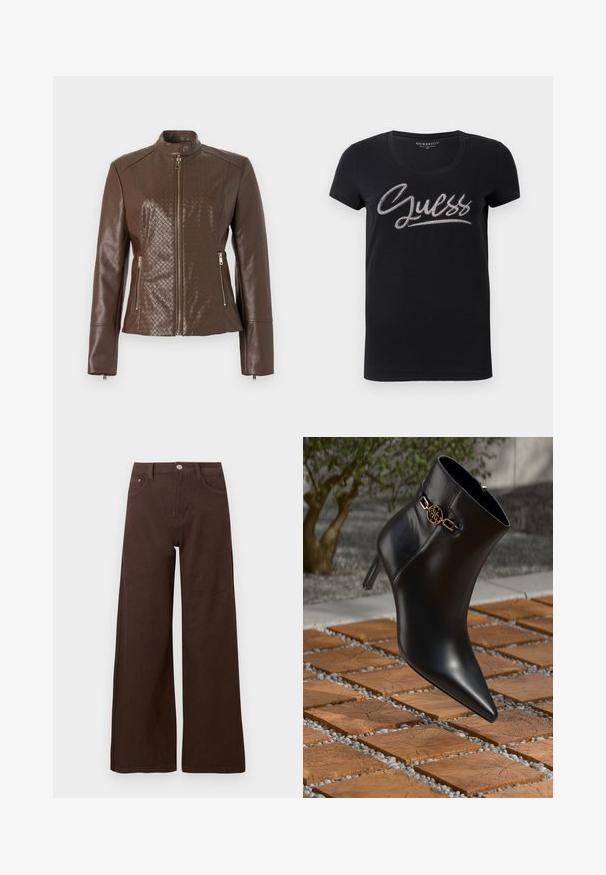 Brun jakke i imiteret læder med diamantquiltet struktur på skuldrene og siderne, med lynlås foran og lynlåslommer.; Sort kortærmet t-shirt til kvinder med rund hals og "Guess" logo dekoreret med små sølvfarvede nitter på tværs af brystet.; Brune vidde bukser lavet af holdbart bomuld, med en taljebånd med knaplukning, forlommer og en glat tekstur.; Sort læder ankelstøvle med spids tå og lille hæl. Har en gylden kædeaccent om anklen. Omgivet af en tekstureret stensurface.