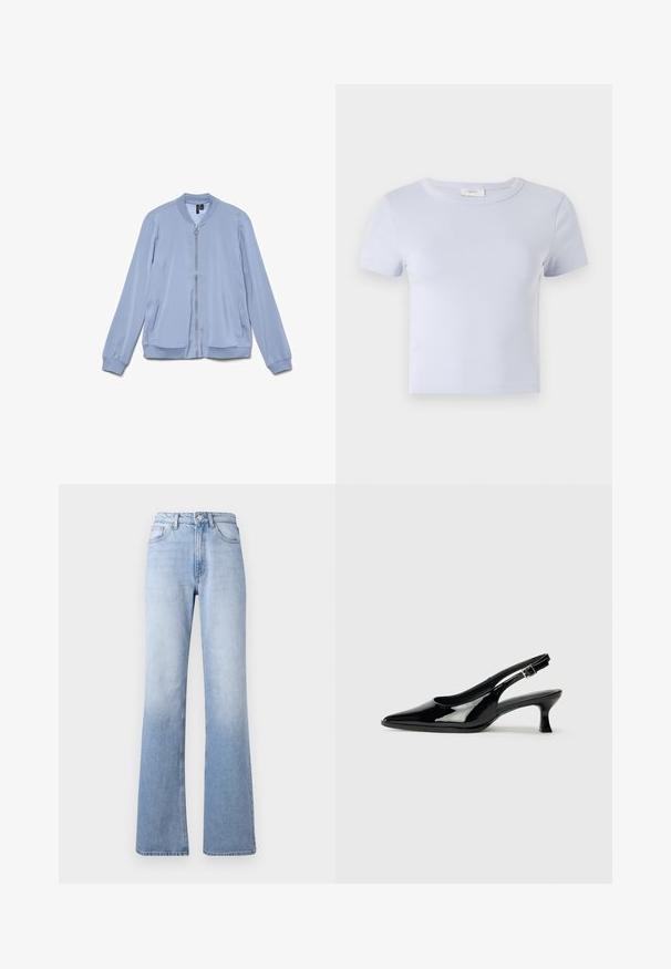 Cazadora bomber azul claro con cremallera frontal, cuello, puños y cintura acanalados y dos bolsillos laterales.; Camiseta de manga corta azul claro con cuello redondo, hecha de una tela suave; presenta un diseño ajustado y detalles de costura sutiles.; Jeans de mezclilla azul claro de corte acampanado con una cintura alta, que cuentan con un diseño clásico de cinco bolsillos, un ligero desvanecimiento y un cierre de cremallera con botón.; Zapatos de charol negro tipo slingback con punta afilada y tacón bajo. Correa ajustable con hebilla en el tobillo.