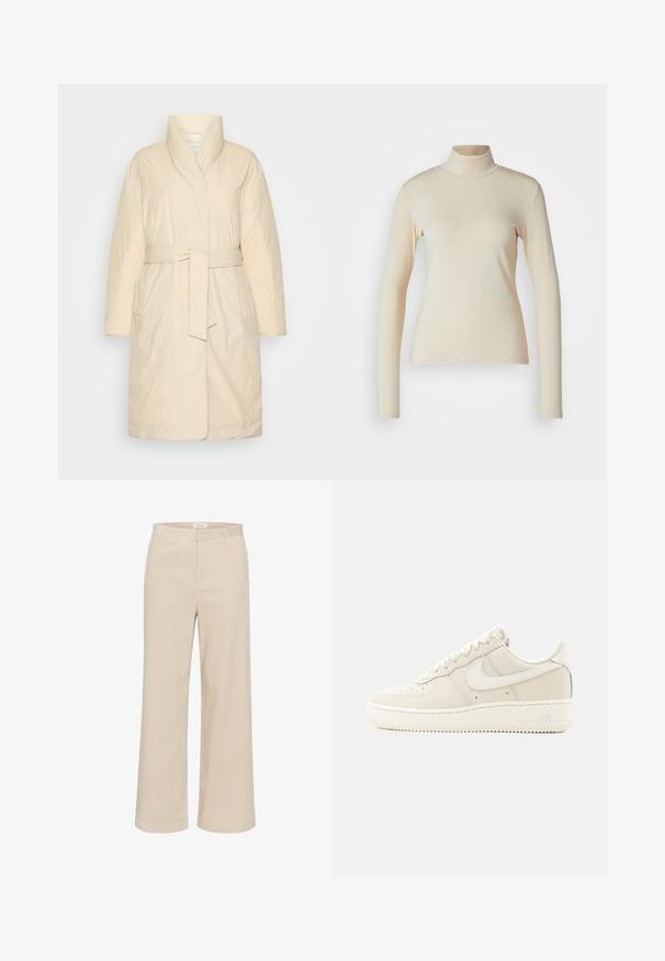 Abrigo beige con cinturón y cuello alto, hecho de tejido suave, que presenta dos bolsillos delanteros y una superficie lisa, ligeramente texturizada.; Top de manga larga de color crema con cuello alto, hecho de una tela suave y elástica; diseño ajustado con cuello alto y sin patrones o acentos visibles.; Pantalones de pana anchos en color beige con una textura acanalada sutil, lazos para cinturón, cierre frontal con cremallera y dos bolsillos laterales.; Zapatilla Nike Air Force 1 de caña baja en beige, con cierre de cordones y suela de goma, mostrada desde el lado exterior sobre un fondo blanco.