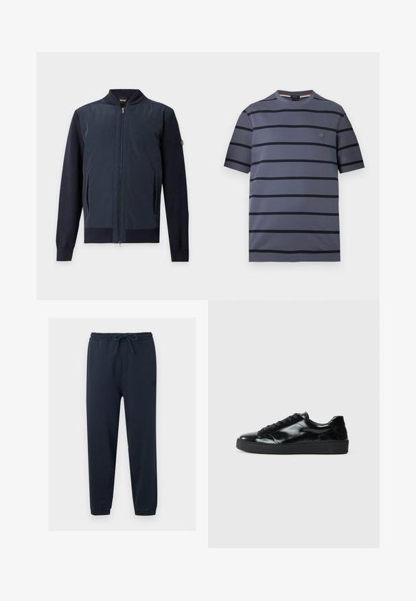 Blouson bomber bleu marine zippé avec col, poignets et ourlet côtelés, doté de poches latérales et d'un petit patch logo sur la manche gauche.; T-shirt bleu-gris à manches courtes avec rayures horizontales noires et un petit logo rond sur la poitrine gauche.; Pantalon de jogging bleu marine avec ceinture élastique, cordon de serrage ajustable, jambes fuselées et ourlets retroussés.; Baskets en cuir verni noir avec un bout arrondi, un laçage, une semelle en caoutchouc texturé et une finition lisse.