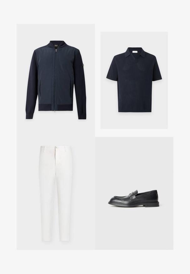 Blouson bomber bleu marine zippé avec col, poignets et ourlet côtelés, doté de poches latérales et d'un petit patch logo sur la manche gauche.; Polo en maille bleu marine à manches courtes avec un motif côtelé vertical texturé et un col décontracté, présenté sur un fond uni.; Pantalon blanc taille haute à jambes droites avec passants de ceinture, fermeture par bouton et braguette zippée sur un fond uni gris clair.; Mocassins en cuir noir avec une finition texturée, dotés d'une bride décorative à l'avant et d'un bout arrondi. Semelle en caoutchouc pour plus de durabilité.