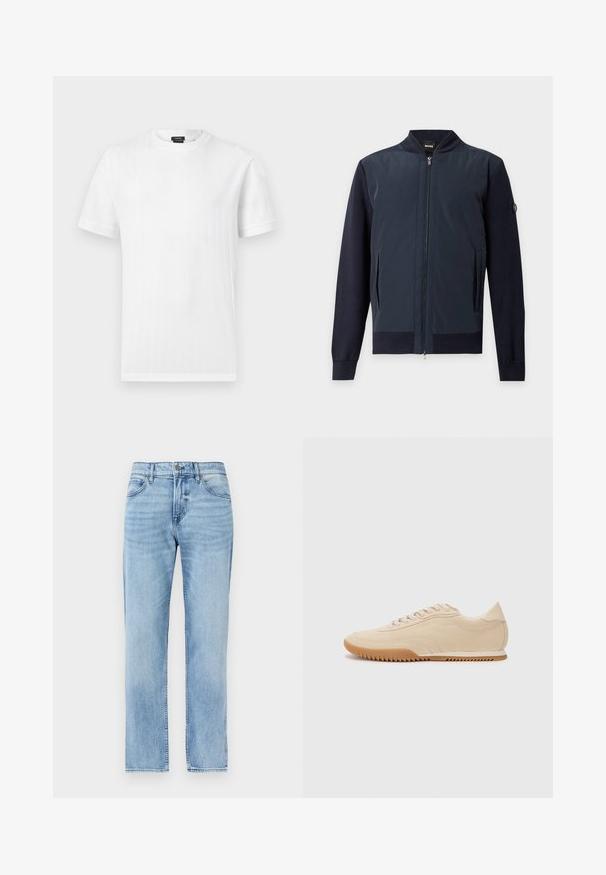 Blouson bomber bleu marine zippé avec col, poignets et ourlet côtelés, doté de poches latérales et d'un petit patch logo sur la manche gauche.; T-shirt blanc à manches courtes et col rond, avec une subtile texture côtelée verticale, présenté sur un fond gris clair uni.; Jean denim bleu clair droit avec poches avant, passants pour ceinture, bouton et fermeture éclair.; Baskets en daim beige au design épuré, présentant une tige texturée, un bout rond et une semelle en caoutchouc avec un motif en zigzag.