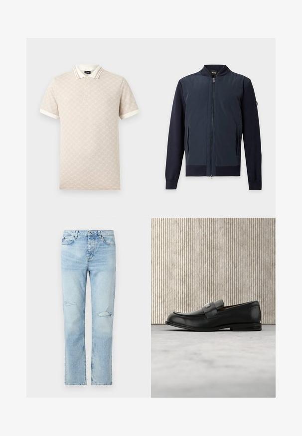 Blouson bomber bleu marine zippé avec col, poignets et ourlet côtelés, doté de poches latérales et d'un petit patch logo sur la manche gauche.; Polo beige avec motif géométrique subtil, col blanc et poignets de manche, manches courtes, patte à deux boutons, logo JOOP! sur l'étiquette du col.; Jean en denim bleu clair avec une coupe droite, fermeture par boutons, poches avant, et petites déchirures usées sur les deux cuisses.; Mocassin en cuir noir avec une plaque de marque en métal reposant près d'une table ronde marron sur un sol recouvert de moquette beige.
