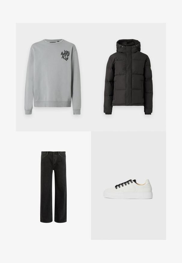 Doudoune noire avec fermeture éclair à l'avant, capuche et poignets côtelés ; elle présente des sections matelassées pour l'isolation et un patch logo sur la manche.; Sweatshirt gris clair en tissu doux, avec un col rond et des manches longues. Texte graphique noir sur la zone gauche de la poitrine.; Jean en denim noir à jambes larges avec taille haute, présentant un design classique à cinq poches et un léger délavage pour un aspect texturé.; Baskets blanches montantes avec semelle épaisse, crochets de lacets noirs, lacets noirs et doublure intérieure beige sur un fond blanc uni.