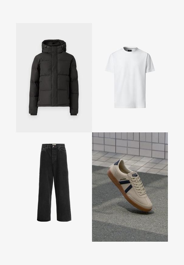 Sort dunjakke med lynlås foran, hætte og ribbede manchetter; har quiltede sektioner til isolering og et logo patch på ærmet.; Hvid, kortærmet T-shirt med rund hals, vist forfra på hvid baggrund med synligt mærke indeni kraven.; Sorte brede jeans lavet af denim. Har høj talje, to forlommer, knaplukning og diskrete stikninger.; Beige sneaker med struktureret overflade, marineblå striber og gummisål. Har en polstret tunge og traditionelt snørresystem for en sikker pasform.