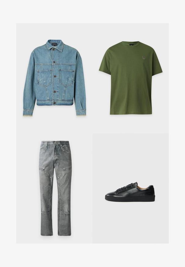 Hellblaue Jeansjacke mit langen Ärmeln, Knopfleiste vorne, zwei Brusttaschen und einem Kragen, dargestellt vor einfachem Hintergrund.; Schlichtes olivgrünes T-Shirt mit kurzen Ärmeln und kleinem mehrfarbigem Zebra-Logo auf der linken Brust vor hellem Hintergrund.; Graue Denim-Jeans mit geradem Schnitt, ausgestattet mit Fronttaschen, sichtbaren Nähten und einem verwaschenen Finish. Das Material hat eine glatte Textur.; Schwarze Leder-Sneaker mit glatter Textur, runder Zehenpartie und Schnürverschluss. Verfügt über eine dicke Gummisohle und minimalistische Marken-Details.