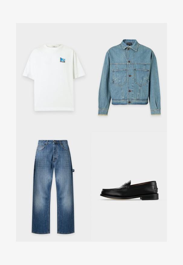 Light blue denim jacket with long sleeves, button front, two chest pockets, and a collar, displayed on a plain background.; White short-sleeve T-shirt with small blue fox logo and text "Maison Kitsuné 2062 Paris" on the upper left chest.; Blue straight-leg denim jeans with front pockets, belt loops, button closure, and a side loop on the right leg.; Black leather men's loafer with a low heel and moccasin-style stitching on the toe, shown from the side on a plain background.