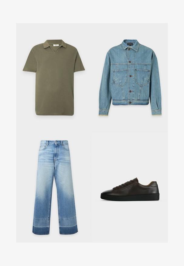 Veste en denim bleu clair à manches longues, fermeture à boutons sur le devant, deux poches poitrine et un col, présentée sur un fond uni.; Polo vert olive à manches courtes avec un tissu texturé et un col doux, présenté sur un fond clair uni.; Jean en denim bleu clair à coupe large avec des détails délavés et des blocs de couleur plus foncés près de l'ourlet, bouton devant et poches visibles.; Baskets basses en cuir marron foncé avec semelle en caoutchouc noire, lacets à l'avant et design minimaliste épuré sur fond clair.