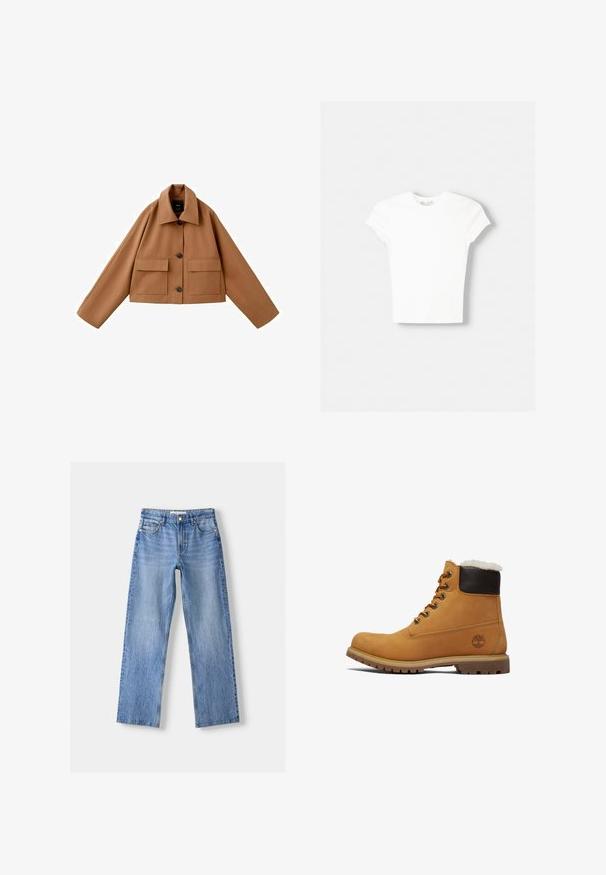 Veste courte marron avec manches larges, grand col, fermeture avant à boutons et deux poches devant à rabat, posée à plat sur fond blanc.; T-shirt blanc à manches courtes en coton doux, avec un col rond et une coupe ajustée. Pas de motifs ni d'ornements visibles.; Jean en denim bleu clair avec une coupe droite, comportant cinq poches, une fermeture à bouton sur le devant, et un léger délavage pour ajouter de la texture.; Bottine en cuir tan avec un col rembourré marron, des œillets en métal et une semelle texturée et durable. Présente un logo près du talon.