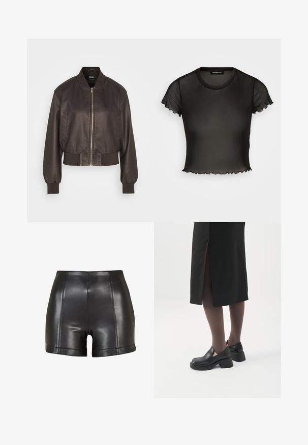 Veste aviateur en cuir marron avec fermeture éclair à l'avant, poignets et ourlet côtelés. Dispose de poches latérales et d'un col arrondi, mettant en valeur une texture lisse.; Haut noir transparent à manches courtes avec un col rond et des bords festonnés. Fabriqué en tissu léger, le design est ajusté et légèrement court.; Shorts en simili cuir noir avec une taille haute, une texture lisse et des coutures visibles sur le devant et l'ourlet.; Femme portant des mocassins noirs à talons épais, des collants noirs transparents et une jupe noire fendue à l'arrière sur fond blanc.