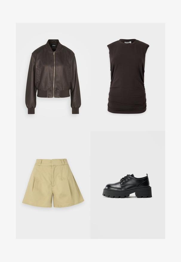 Chaqueta bomber de cuero marrón con cremallera frontal, puños y dobladillo acanalados. Presenta bolsillos laterales y un cuello redondeado, mostrando una textura suave.; Top negro sin mangas con cuello redondo y ligero fruncido en la cintura, exhibido sobre un fondo liso y claro.; Pantalones cortos beige de cintura alta con trabillas para cinturón, pliegues delanteros y un diseño de pierna ligeramente acampanada.; Zapatos de cuero negro con puntera redondeada, diseño de cordones y suela de goma gruesa con surcos profundos. Detalles de costura simple a lo largo de los bordes.