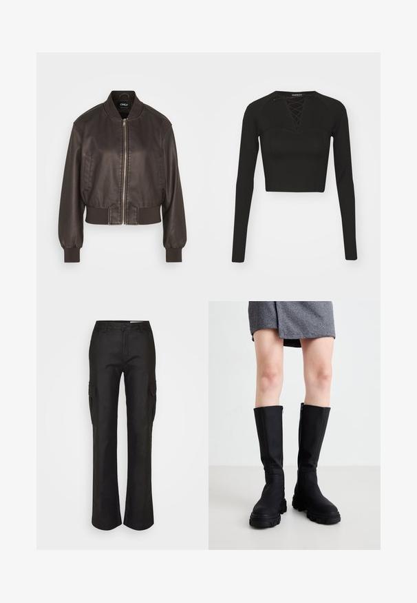 Veste aviateur en cuir marron avec fermeture éclair à l'avant, poignets et ourlet côtelés. Dispose de poches latérales et d'un col arrondi, mettant en valeur une texture lisse.; Crop top noir à manches longues en tissu lisse, avec un décolleté à lacets et des coutures structurées pour une silhouette ajustée.; Pantalons cargo noirs à coupe décontractée, avec des poches latérales, une fermeture à bouton et une texture lisse. Fabriqués en matériau durable.; Bottes noires à hauteur de genou avec une finition lisse, des semelles épaisses et une fermeture éclaire latérale discrète. Assorties de manière stylée avec une jupe grise en chevrons.