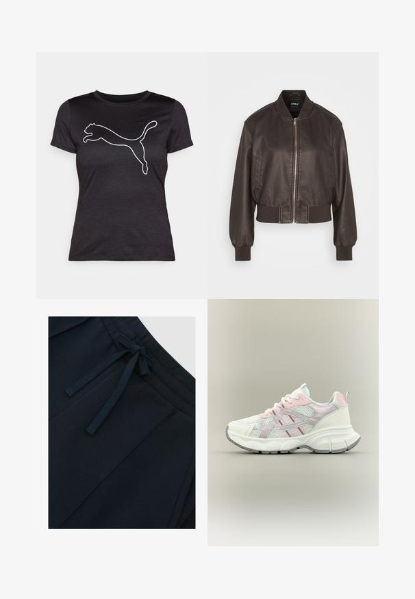 Chaqueta bomber de cuero marrón con cremallera frontal, puños y dobladillo acanalados. Presenta bolsillos laterales y un cuello redondeado, mostrando una textura suave.; Camiseta negra hecha de tela suave con una gran silueta blanca del logotipo de un puma saltando en la parte delantera. Cuello redondo clásico, mangas cortas.; Pantalones de cintura elástica azul marino con cordón, que presentan pliegues en la parte delantera y una textura suave.; Zapatilla deportiva blanca y rosa claro con paneles de malla, suela acolchada y suela exterior de goma gris mostrada en perfil lateral.