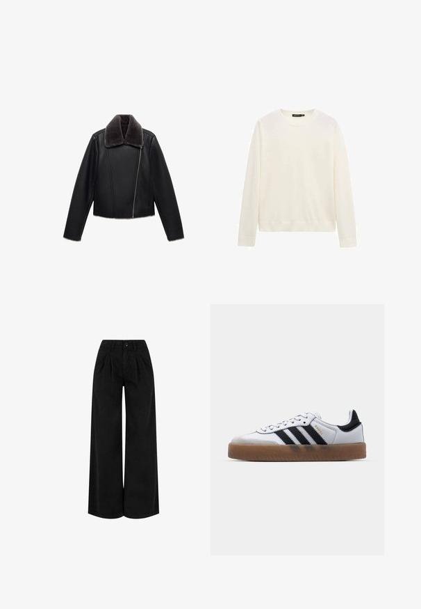 Sort læderjakke med en grå faux fur krave, cropped design, lange ærmer og en skrå front lynlås.; Hvid langærmet crewneck-trøje med ribstrikkede manchetter og kant, vist mod en helt hvid baggrund.; Sorte bukser med høj talje og vide ben med forreste plisseringer, knaplukning og bæltestropper, vist mod en hvid baggrund.; Hvide lædersneakers med sorte striber, gummirubber sål, rund tå, snørelukning og blød grå ruskinds tåhætte.