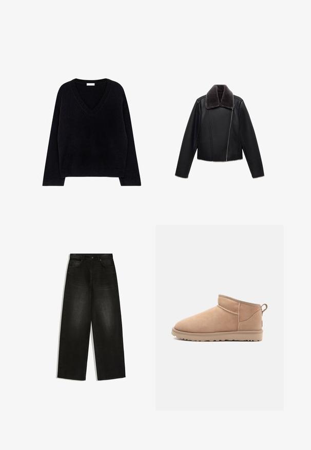 Sort læderjakke med en grå faux fur krave, cropped design, lange ærmer og en skrå front lynlås.; Sort strikket sweater med V-hals, lange ærmer og ribbet kant. Blød tekstur med en afslappet pasform og minimalistisk design.; Sorte jeans med vide ben, frontknap og lynlås, bæltestropper og to forlommer på hvid baggrund.; Brune ruskindsankelstøvle med en rund tå, blød tekstur, enkelt design og en lavprofil gummisål. Har en trækrem bagpå.