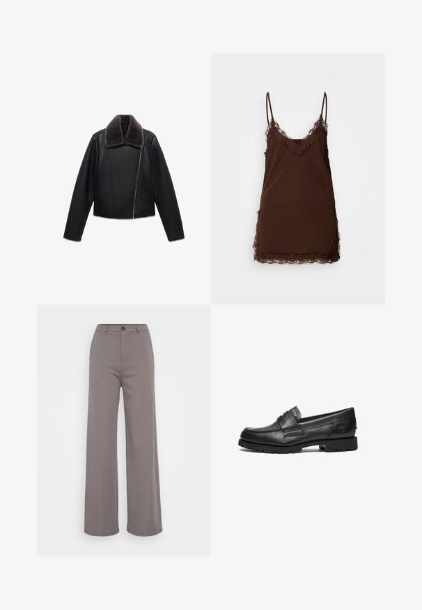 Sort læderjakke med en grå faux fur krave, cropped design, lange ærmer og en skrå front lynlås.; Mørkebrun satin natkjole med tynde stropper og fin blondekant langs udskæringen, siderne og kanten mod en ensfarvet baggrund.; Bredde bukser i et blødt gråt stof. Har en knaplukning og rene sømme. Glat tekstur uden synlige mønstre eller udsmykninger.; Timberland Loafers - black