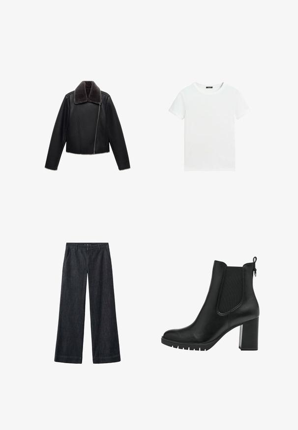 Zwarte leren jas met een grijze nepbont kraag, cropped ontwerp, lange mouwen en een diagonale ritssluiting aan de voorkant.; Effen wit T-shirt met korte mouwen, een ronde hals en een klein zwart labeltje aan de binnenkant van de kraag.; Wijd uitgesneden, donker denimbroek met een gladde textuur, voorzakken, broeklussen en een rechte snit die doorloopt tot aan de enkel.; Tamaris CHELSEA - Enkellaarsjes met plateauzool - black