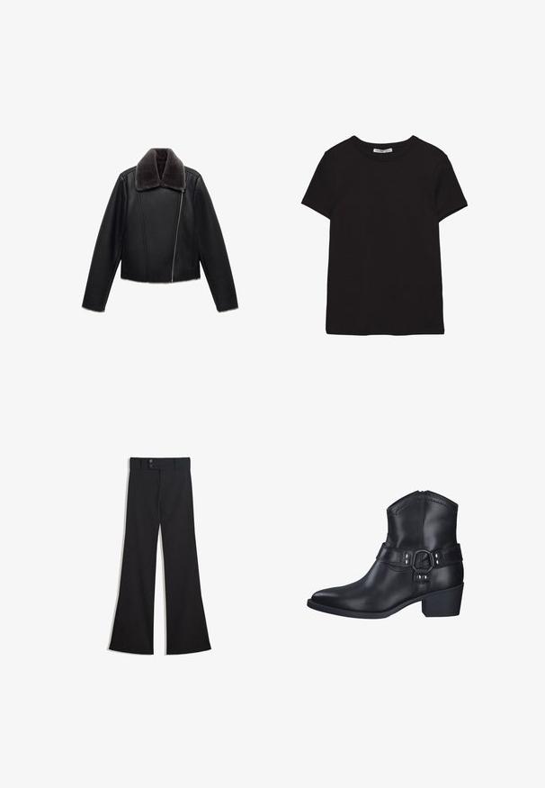 Sort læderjakke med en grå faux fur krave, cropped design, lange ærmer og en skrå front lynlås.; Sort kortærmet t-shirt i bomuld med rund halsudskæring, standard pasform og synlig indvendig halsmærkat.; Sorte vidde bukser med høj talje, dobbelte knapper ved linningen og lynlås foran, lagt fladt på en hvid baggrund.; Sort læder ankelstøvle med spids tå og lav blokhæl, med en dekorativ rem med metalakcenter og syningsdetaljer.