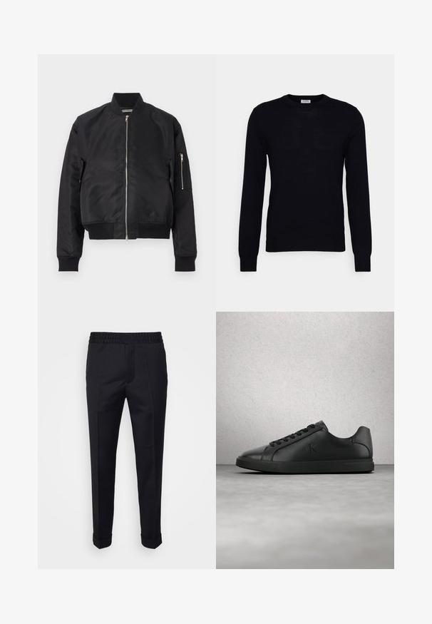 Veste bomber noire en tissu lisse, avec une fermeture éclair, des poignets et un ourlet côtelés, et une poche latérale avec un détail de zip.; Pull noir à manches longues en tricot doux. Encolure ronde, poignets et ourlet côtelés. Design minimaliste sans motifs ni boutons visibles.; Pantalon noir en tissu léger, avec une taille élastique, des poches latérales et des poignets roulés. Texture lisse avec des plis à l'avant.; Baskets en cuir noir avec lacets et logo "ck" en relief flottant au-dessus d'un sol gris près d'un mur en verre brique.