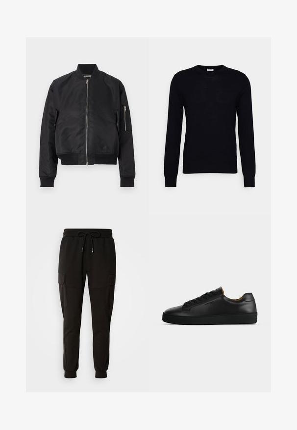 Chaqueta bomber negra hecha de tela suave, con cierre de cremallera, puños y dobladillo de canalé, y un bolsillo lateral con detalle de cremallera.; Suéter negro de manga larga hecho de un suave material de punto. Escote redondo, puños y dobladillo acanalados. Diseño minimalista sin patrones ni botones visibles.; Pantalones de chándal negros con cintura elástica y cordón. Presenta bolsillos tipo cargo a los lados y puños elásticos en los tobillos.; Zapatilla negra de piel de corte bajo con cordones negros, suela de goma texturizada y pequeño logo en relieve en el lateral, mostrada de perfil sobre fondo gris.