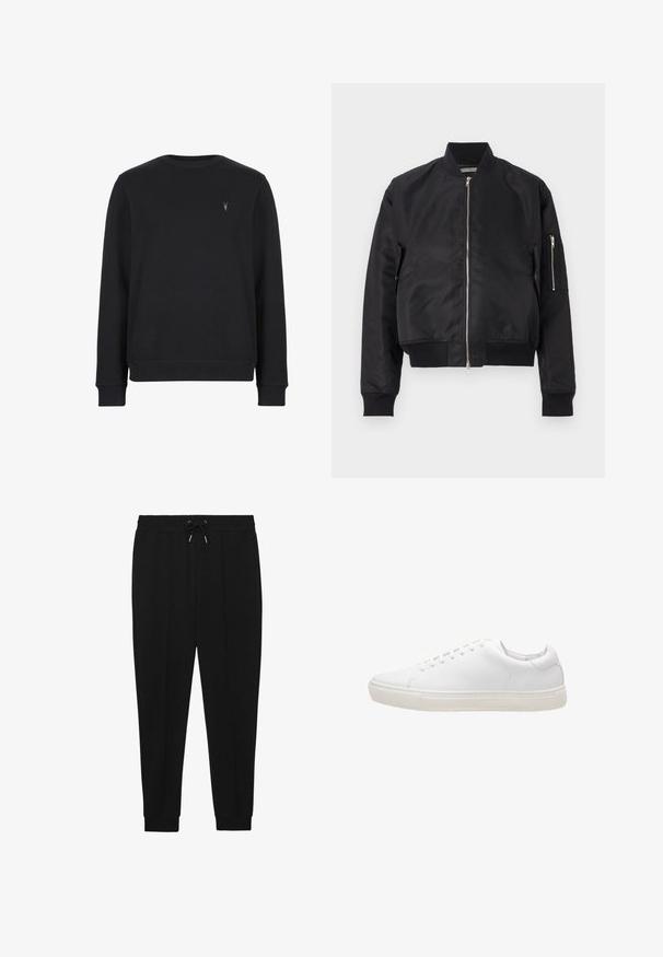 Schwarze Bomberjacke aus glattem Material, mit Reißverschluss, gerippten Bündchen und Saum sowie einer seitlichen Tasche mit Reißverschlussdetails.; Schwarzer Sweatshirt aus Baumwollmischung, mit Rundhalsausschnitt, langen Ärmeln und einem kleinen gestickten Logo auf der Brust.; Schwarze Sporthosen mit Kordelzugbund, schmal zulaufenden Beinen und gerippten Bündchen. Hergestellt aus einem weichen Stoff mit glatter Textur.; Weiße Leder-Sneaker mit glatter Textur, runder Zehenpartie, Schnürverschluss und flacher Gummisohle. Minimalistisches Design ohne sichtbare Muster.