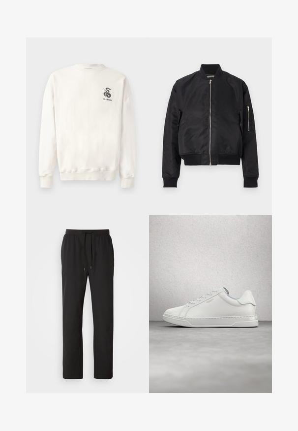 Chaqueta bomber negra hecha de tela suave, con cierre de cremallera, puños y dobladillo de canalé, y un bolsillo lateral con detalle de cremallera.; Sudadera blanca de algodón con cuello redondo, puños y dobladillo acanalados, que presenta un gráfico de serpiente negra y el texto "HAN KJØBENHAVN" en el pecho.; Pantalones de chándal negros hechos de tela ligera, con una cintura elástica y cordones ajustables, además de bolsillos laterales. Textura suave.; Zapatilla blanca de cuero Coach con cordones, flotando sobre un suelo de cemento pulido cerca de una pared y columna de bloques de vidrio en un entorno interior moderno.
