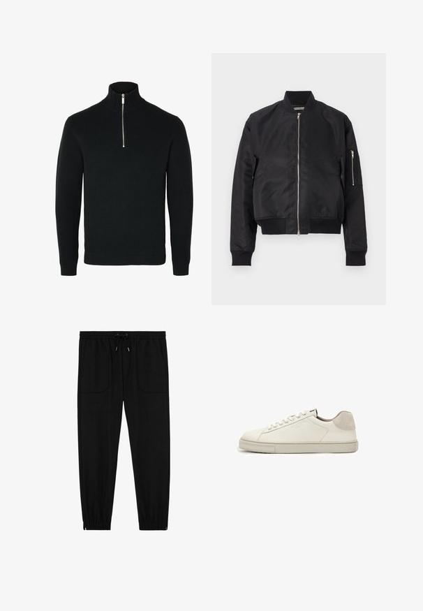 Schwarze Bomberjacke aus glattem Material, mit Reißverschluss, gerippten Bündchen und Saum sowie einer seitlichen Tasche mit Reißverschlussdetails.; Schwarzer langärmeliger Strickpullover mit einem gerippten hohen Kragen und einem silberfarbenen Halbreißverschluss in der vorderen Mitte.; Schwarze Jogginghosen mit elastischem Bund, Kordelzug, vorderen aufgesetzten Taschen und elastischen Bündchen vor weißem Hintergrund.; Weißer Sneaker aus Leder in niedriger Ausführung mit weißen Schnürsenkeln, leicht strukturierter Sohle und hellgrauem Wildleder-Fersenpatch, Seitenansicht.