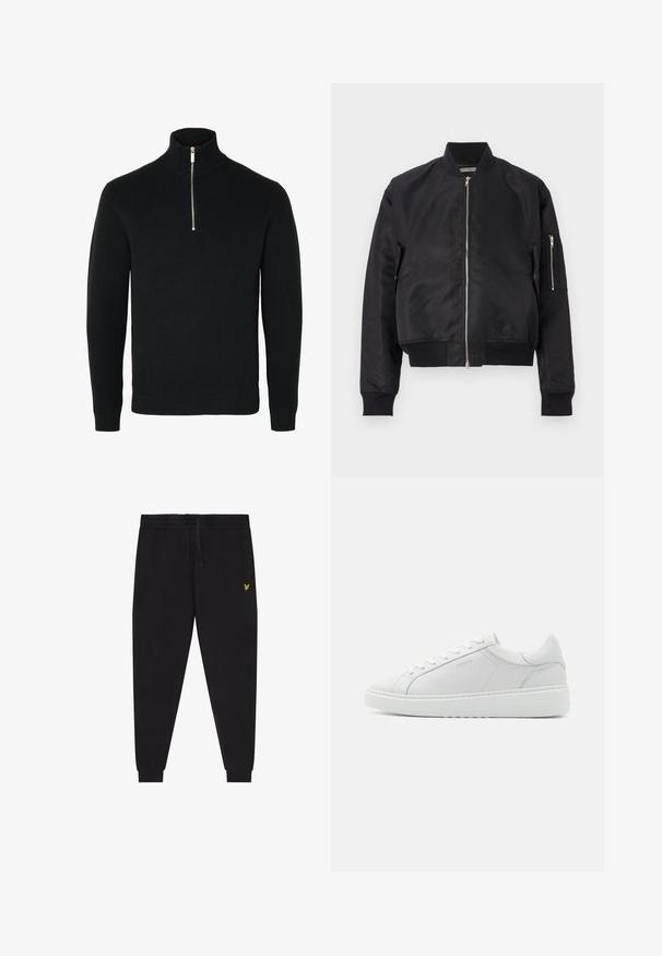Schwarze Bomberjacke aus glattem Material, mit Reißverschluss, gerippten Bündchen und Saum sowie einer seitlichen Tasche mit Reißverschlussdetails.; Schwarzer langärmeliger Strickpullover mit einem gerippten hohen Kragen und einem silberfarbenen Halbreißverschluss in der vorderen Mitte.; Schwarze Jogginghose mit elastischem Bund und Kordelzug, zulaufenden Beinen mit Bündchen und kleinem gelben gesticktem Logo am rechten Oberschenkel.; Weißer Ledersneaker mit glatter Textur, runder Zehenpartie, niedrigem Profil und dezentem Branding an der Seite. Gepolsterter Schaft und Schnürsenkel.