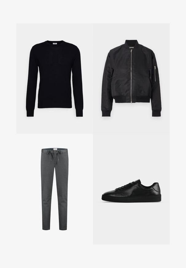 Μαύρο bomber jacket κατασκευασμένο από λείο ύφασμα, με κλείσιμο φερμουάρ, ραμμένες μανσέτες και στρίφωμα, καθώς και πλαϊνή τσέπη με λεπτομέρεια φερμουάρ.; Μαύρο πουλόβερ με μακριά μανίκια από μαλακό πλεκτό υλικό. Στρογγυλή λαιμόκοψη, ριμπ μανίκια και στρίφωμα. Μινιμαλιστικός σχεδιασμός χωρίς ορατά σχέδια ή κουμπιά.; Γκρίζες, ελαστικές παντελόνες με απαλό υφή, με κορδόνι στη μέση και κουμπί κλεισίματος. Διαθέτουν λεπτή εφαρμογή και ελάχιστες ορατές ραφές.; Χαμηλού προφίλ μαύρο δερμάτινο αθλητικό παπούτσι με κορδόνια μπροστά και υφασμένο επίπεδο σόλα, εμφανίζεται από το πλάι σε ουδέτερο φόντο.