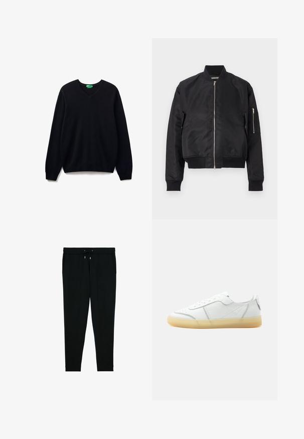 Chaqueta bomber negra hecha de tela suave, con cierre de cremallera, puños y dobladillo de canalé, y un bolsillo lateral con detalle de cremallera.; Suéter negro de cuello en V, fabricado con un tejido suave, que cuenta con mangas largas y puños y dobladillo acanalados. Diseño simple sin patrones o acentos adicionales.; Pantalones deportivos negros ajustados con cintura elástica, cordón, bolsillos laterales y puños en los tobillos, colocados planos sobre un fondo blanco.; Zapatilla blanca de piel de corte bajo con suela translúcida beige, cierre con cordones en la parte frontal y detalles de costura mínimos, mostrada de lado sobre un fondo liso.