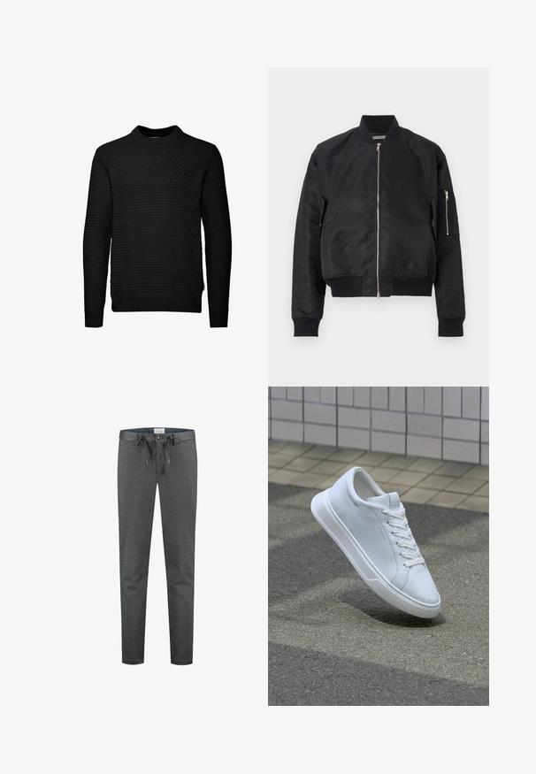 Veste bomber noire en tissu lisse, avec une fermeture éclair, des poignets et un ourlet côtelés, et une poche latérale avec un détail de zip.; Pull noir avec un motif texturé et matelassé. Manches longues, col rond, et finitions côtelées aux poignets et à l'ourlet. Design simple et sans embellissement.; Pantalons gris extensibles avec une texture lisse, taille à cordon de serrage et fermeture à bouton. Présente un design ajusté et des coutures minimales visibles.; Baskets basses blanches à lacets flottant au-dessus d’un bitume texturé et d’une surface carrelée beige en arrière-plan.