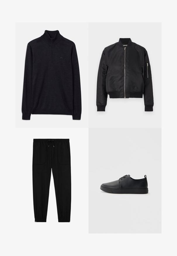 Chaqueta bomber negra hecha de tela suave, con cierre de cremallera, puños y dobladillo de canalé, y un bolsillo lateral con detalle de cremallera.; Suéter negro de manga larga con cuello alto acanalado y media cremallera, con un logo sutil en el lado izquierdo del pecho.; Pantalones jogger negros con cintura elástica, cordón ajustable, bolsillos frontales de parche y puños elásticos sobre un fondo blanco.; Zapatilla negra de cuero con acabado suave, punta redondeada, costuras a tono, cordones en la parte delantera y suela de goma plana. Asa en el talón.