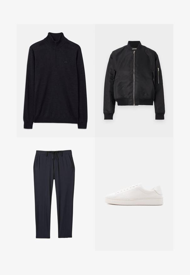 Chaqueta bomber negra hecha de tela suave, con cierre de cremallera, puños y dobladillo de canalé, y un bolsillo lateral con detalle de cremallera.; Suéter negro de manga larga con cuello alto acanalado y media cremallera, con un logo sutil en el lado izquierdo del pecho.; Pantalones deportivos de color navy hechos de una tela elástica, con una cinturilla ajustable con cordón, dos bolsillos laterales y un corte de pierna recta.; Zapatilla de cuero blanca con acabado liso, puntera redonda, cordones con seis ojales y suela de goma texturizada. Diseño minimalista sin patrones.