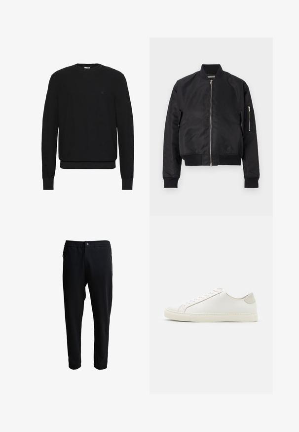 Veste bomber noire en tissu lisse, avec une fermeture éclair, des poignets et un ourlet côtelés, et une poche latérale avec un détail de zip.; Pull noir en maille à manches longues avec col rond, poignets et ourlet côtelés, présentant un petit logo discret sur le côté gauche de la poitrine.; Pantalons de jogging noirs avec une taille élastique, poches zippées sur les côtés et jambes fuselées. Fabriqués en tissu doux avec une texture lisse.; Baskets en cuir blanc avec une surface lisse, bout rond et design minimaliste. Présentent des accents beiges sur le talon et une semelle en caoutchouc.