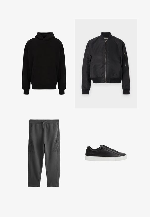 Zwarte bomberjack van gladde stof, met een ritsluiting, ribbels bij de manchetten en onderkant, en een zijzak met ritsdetail.; Zwarte pullover hoodie met een voorzak, ribgebreide manchetten en zoom. Gemaakt van zachte stof; heeft een relaxed fit en een verstelbare capuchon.; Donkergrijze joggingbroek met een elastische taille met koordsluiting en vier zakken met rits, twee aan de voorkant en twee grote zijzakken voor cargo.; Zwarte leren lage sneaker met zwarte veters en witte rubberen zool, gezien vanaf de zijkant op een witte achtergrond.