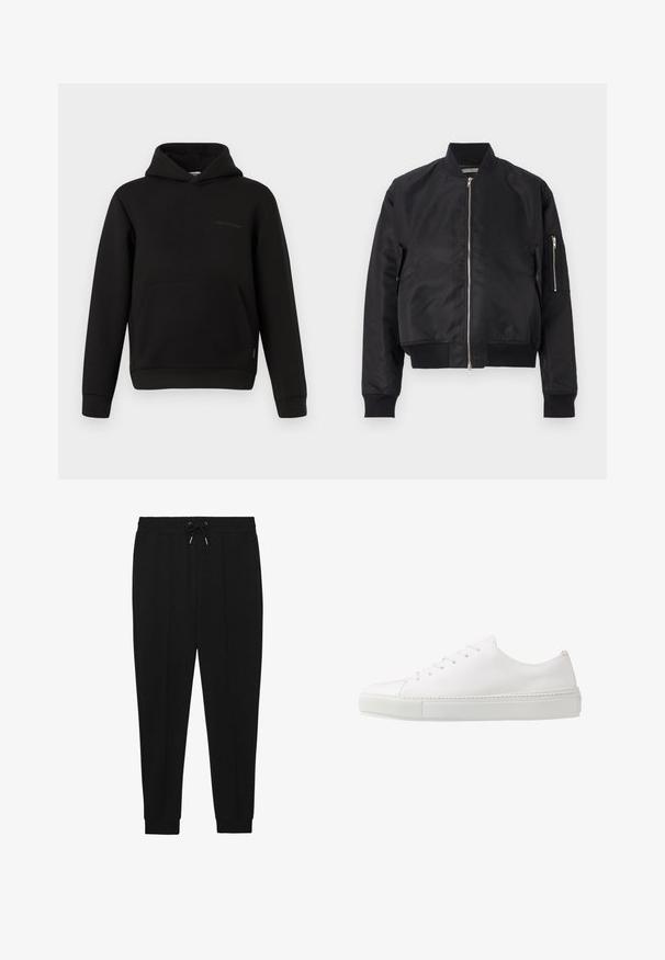 Zwarte bomberjack van gladde stof, met een ritsluiting, ribbels bij de manchetten en onderkant, en een zijzak met ritsdetail.; Zwarte hoodie met een voorzak, lange mouwen en een kleine horizontale naaddetail op de linkerborst tegen een witte achtergrond.; Zwarte sportbroek met een trekkoord in de taille, taps toelopende benen en ribbels aan de manchetten. Gemaakt van een zachte stof met een gladde textuur.; Witte leren sneaker met een gladde afwerking, ronde neus en zes oogjes voor veters. Voorzien van een getextureerde rubberen zool en een minimalistisch ontwerp.