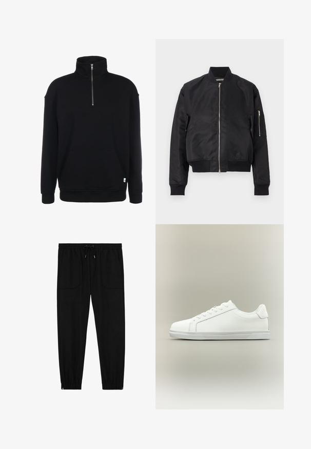Zwarte bomberjack van gladde stof, met een ritsluiting, ribbels bij de manchetten en onderkant, en een zijzak met ritsdetail.; Zwarte sweatshirt met rits en lange mouwen, zachte textuur, een voorzak en een klein groen logo aan de onderrand.; Zwarte joggingbroek met elastische tailleband, koordsluiting, voorzakken met opgestikte zakken en elastische boorden, op een witte achtergrond.; Witte lage sneaker met veterluiting aan de voorkant en een gestructureerde rubberen zool tegen een neutrale achtergrond.