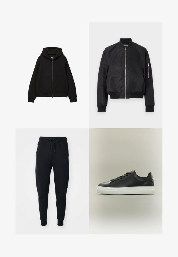 Veste bomber noire en tissu lisse, avec une fermeture éclair, des poignets et un ourlet côtelés, et une poche latérale avec un détail de zip.; Sweat à capuche noir zippé avec capuche, deux poches avant, manches et ourlet côtelés. Fabriqué en tissu doux avec un design minimaliste et un détail de logo subtil.; Joggings noirs en tissu doux, avec une taille à cordon, des jambes fuselées et des poches latérales au design élégant.; Basket basse en cuir noir avec lacets noirs et semelle épaisse en caoutchouc blanc sur fond neutre.