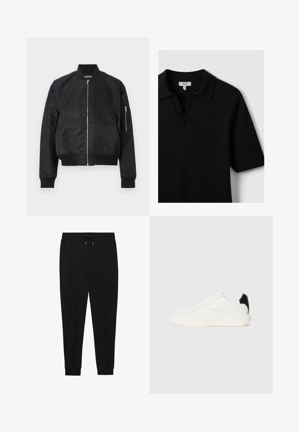 Chaqueta bomber negra hecha de tela suave, con cierre de cremallera, puños y dobladillo de canalé, y un bolsillo lateral con detalle de cremallera.; Camiseta polo negra de manga corta, hecha de una tela suave, con cuello en V y un collar clásico, con costuras mínimas y sin patrones visibles.; Pantalones deportivos negros con cintura ajustable, piernas ajustadas y puños acanalados. Hechos de una tela suave con una textura lisa.; Zapatilla de cuero blanca con un acento negro en el talón, presenta puntera redonda, cordones planos y una suela gruesa blanca. Logo de Calvin Klein visible.